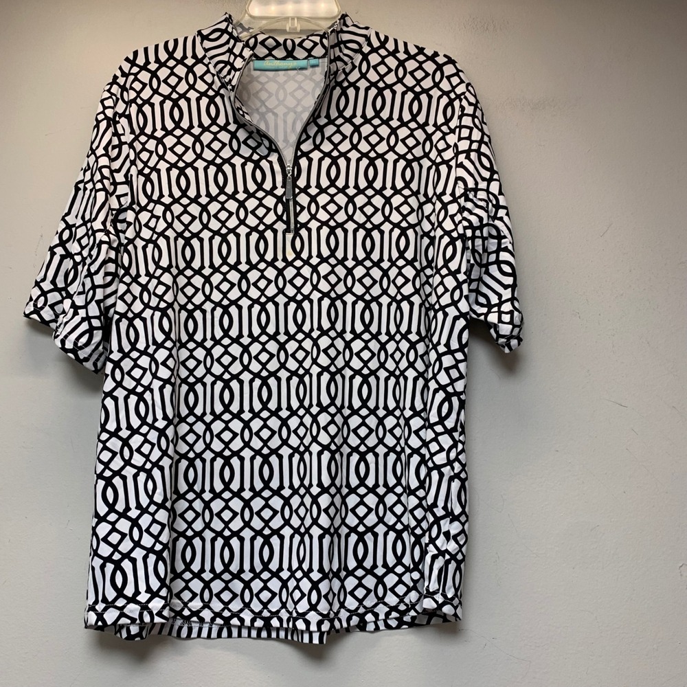 Anthony's Resort Wear Quarter Zip Top Women XL Black White Excellent Geometric